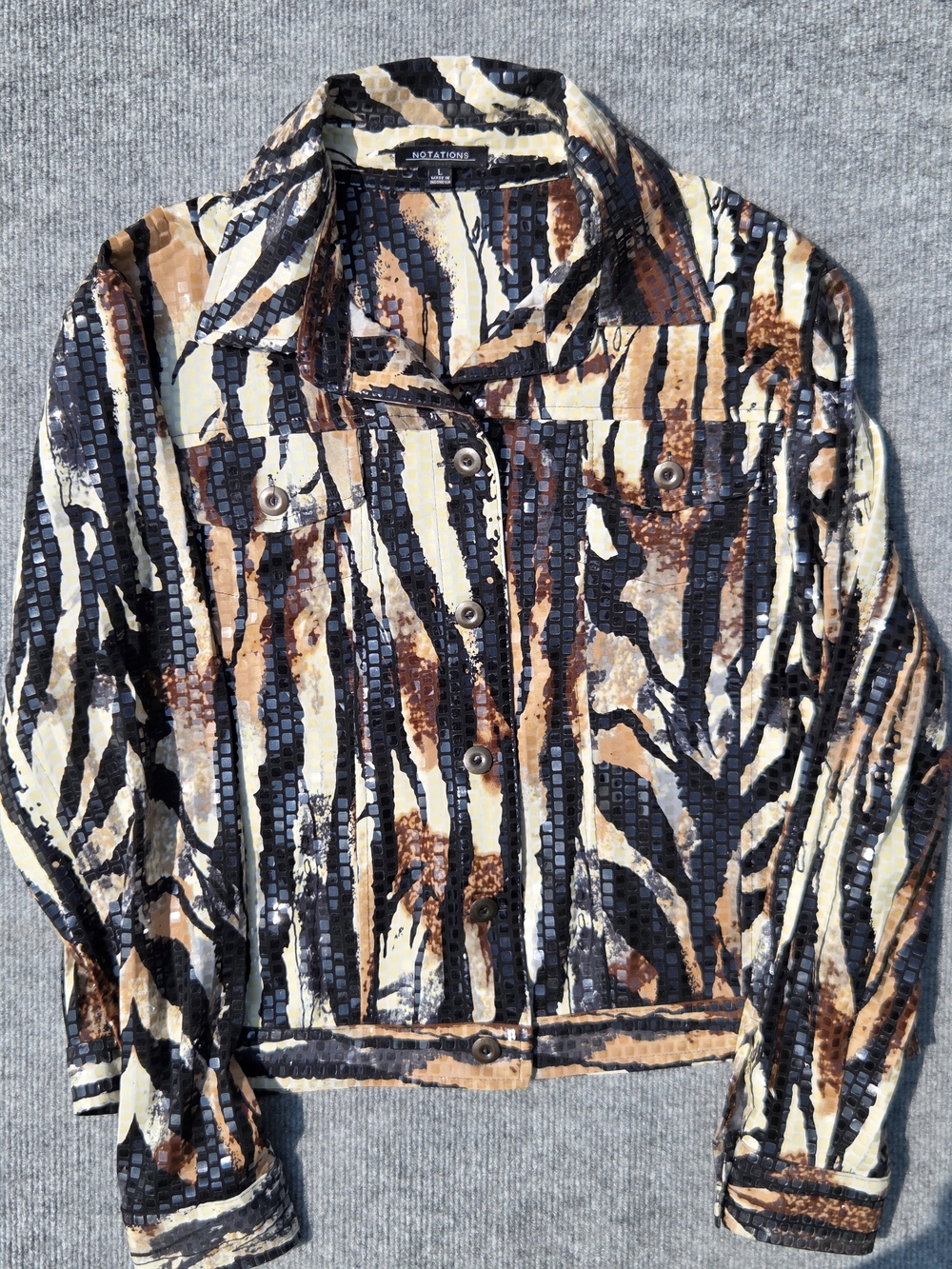 Notations Women's Sequined Animal Print Button Front Jacket Size-Large